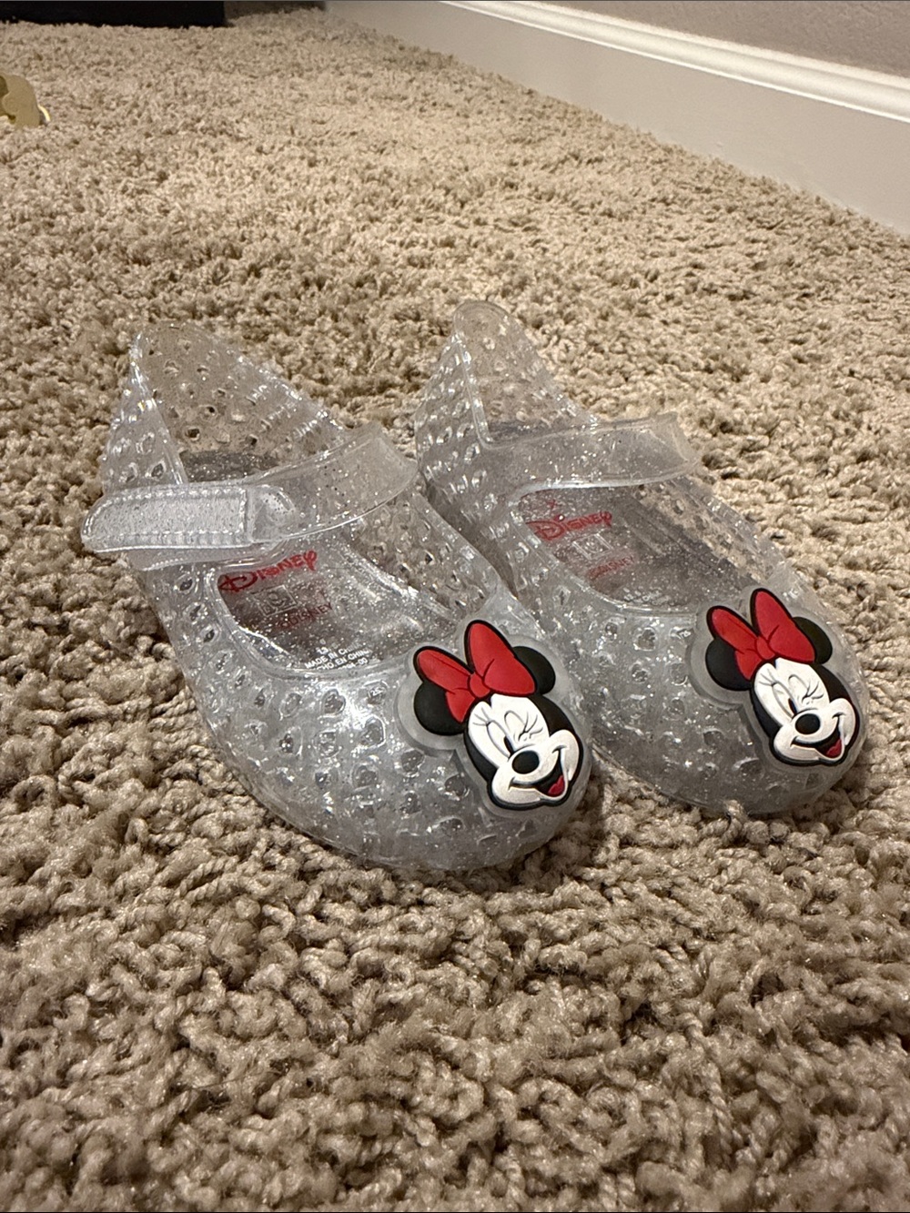 Disney Clear Glitter Minnie Mouse Jelly Sandals with Red Bow Accent